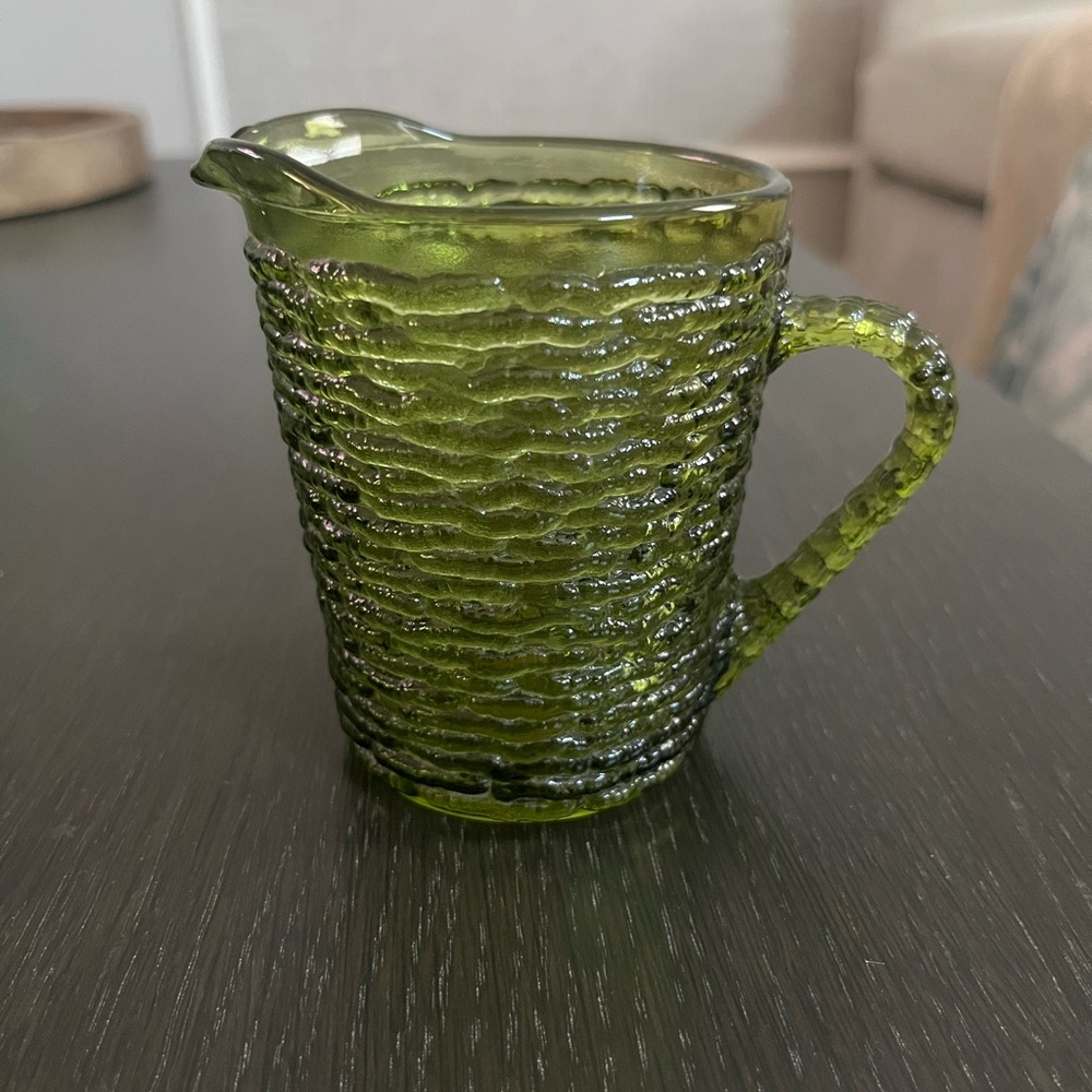Vintage Anchor Hocking green glass creamer pitcher in the Soreno pattern #4012